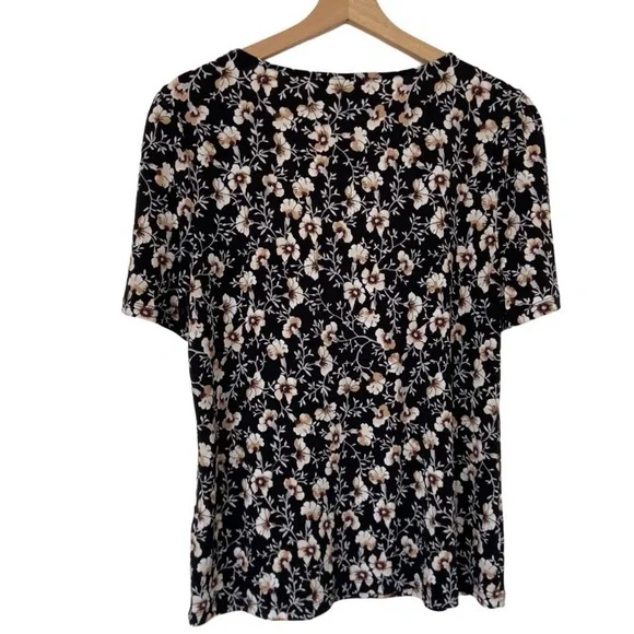 CATHERINE MALANDRINO BLACK/WHITE/BEIGE FLORAL JERSEY SHORT SLEEVED TOP, X-LARGE - Picture 2 of 9